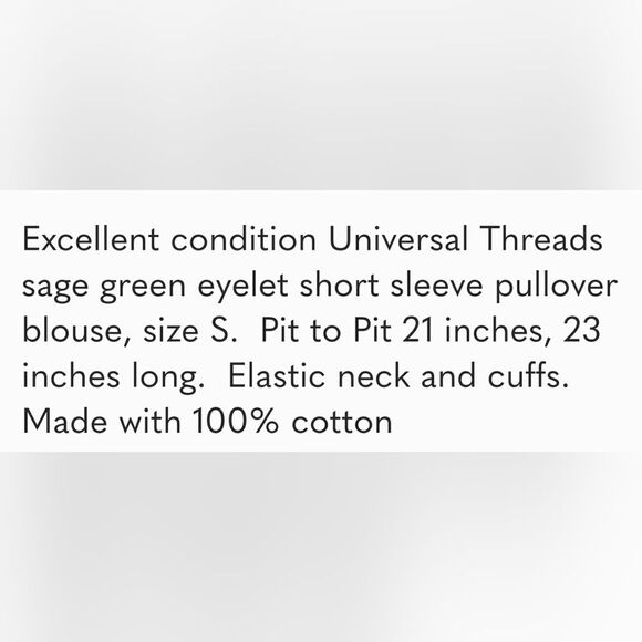 Universal Threads sage green eyelet short sleeve pullover blouse, size S - Picture 6 of 6